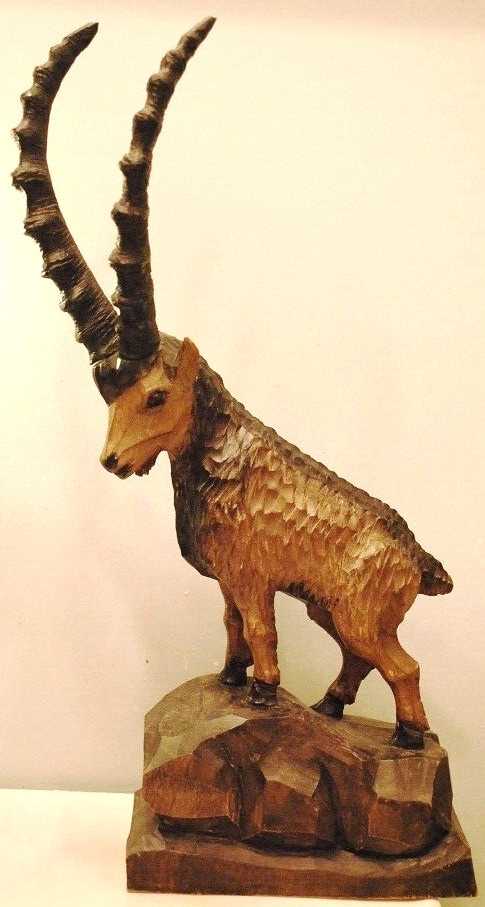 Antique BLACK FOREST Hand Carved Sculpture IBEX CHAMOIS Linden Wood Signed 15\