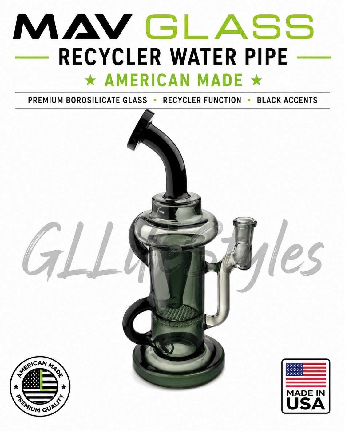 MAV GLASS Sonoma Water Pipe, BUBBLER, RECYCLER, USA MADE, SMOKE W/BLACK ACCENTS