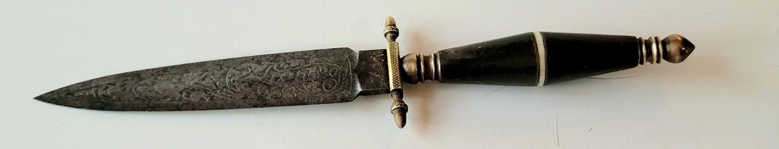 Antique Toledo Spain Letter Opener Engraved Steel Blade Horn Brass Handle 19cm
