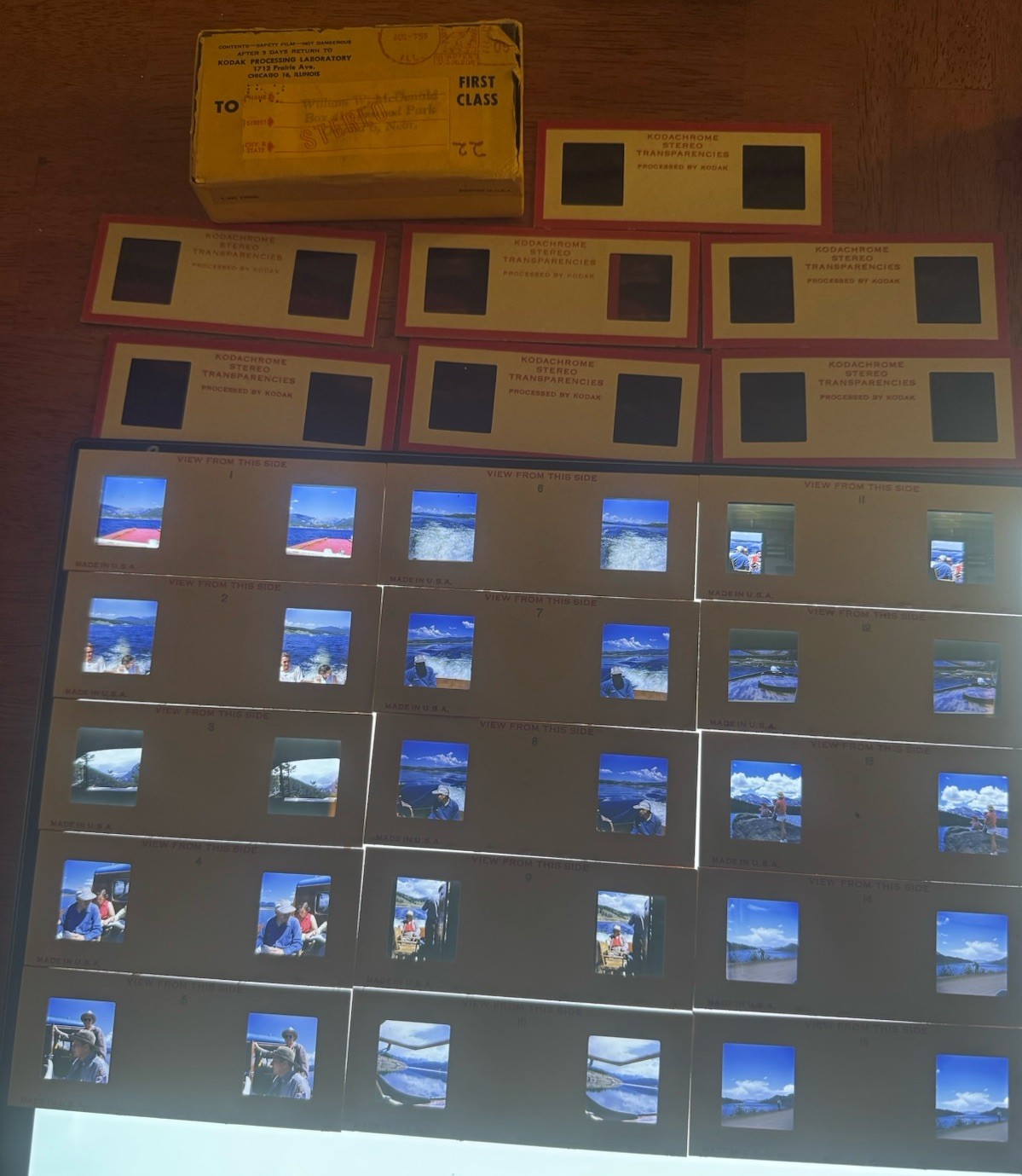 1955 Kodachrome Stereo Slides Lot of 21 + Box - Family Vacation Lakes/Mountains