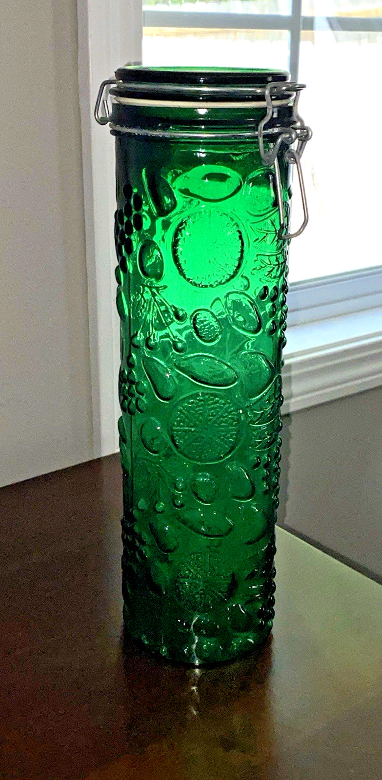 Stunning Emerald Green Glass Canister Fruit Embossed Wire Bale 13 inch Tall