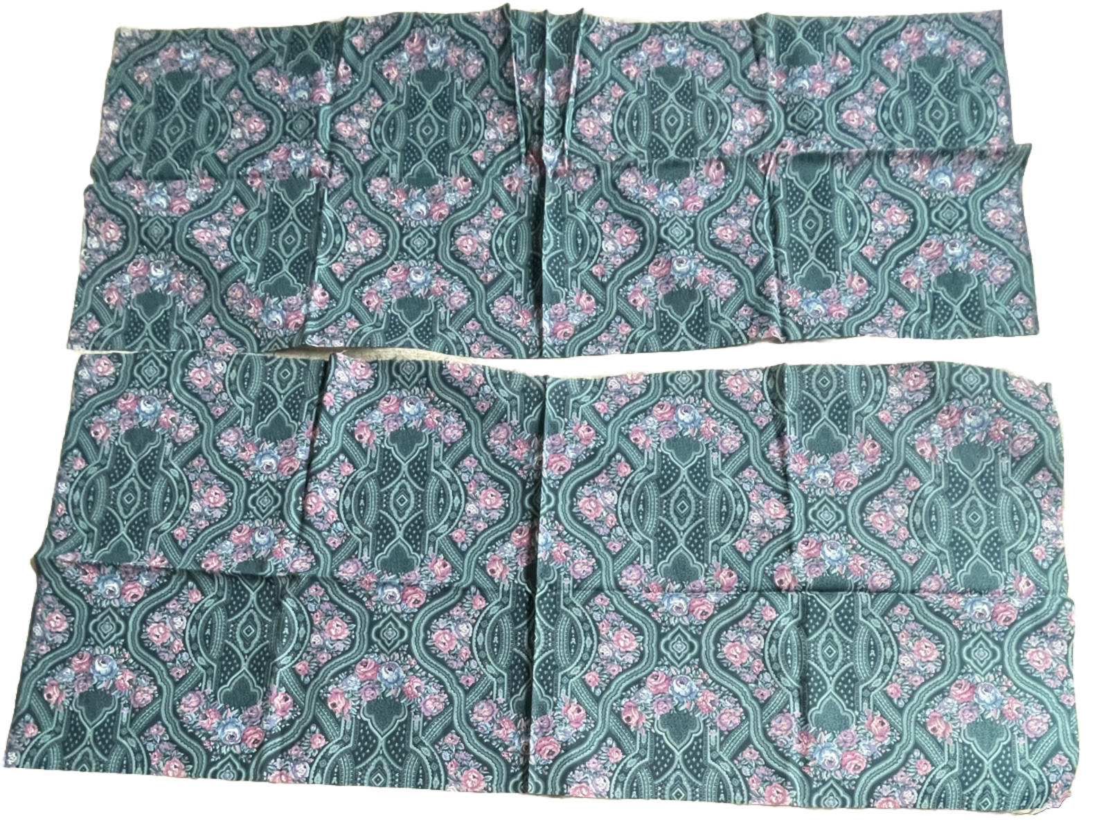 Vintage 2pcs 45” Wide Cotton Fabric Green Pink Floral Cottagecore 19” 17”