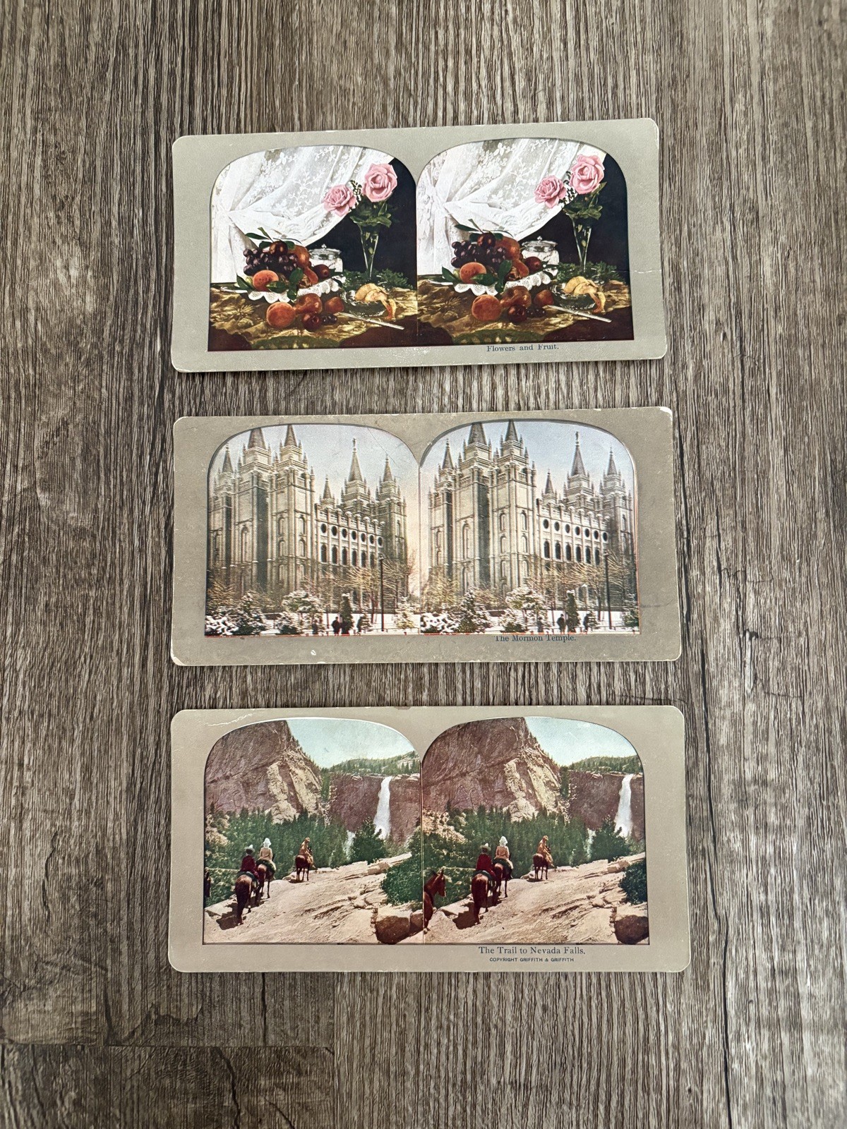Lot of 3 Antique Stereograph Cards Mormon Temple, Flowers and Nevada Falls 