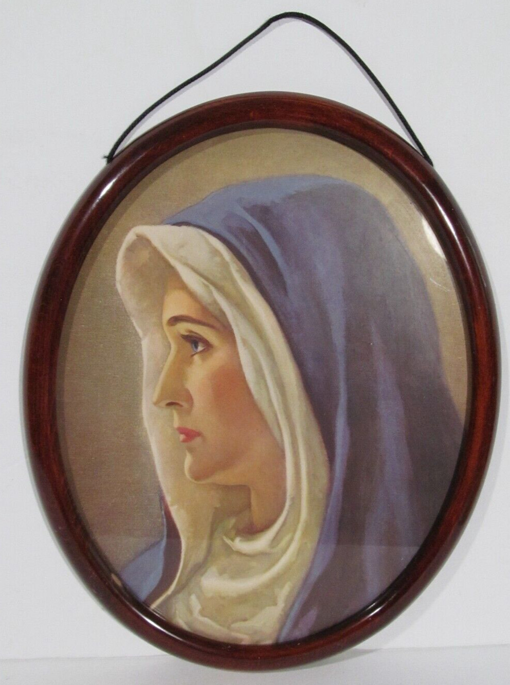 Vtg Virgin Mary Portrait Print Oval Cherry Wood Frame Gold 11” X 9” Germany