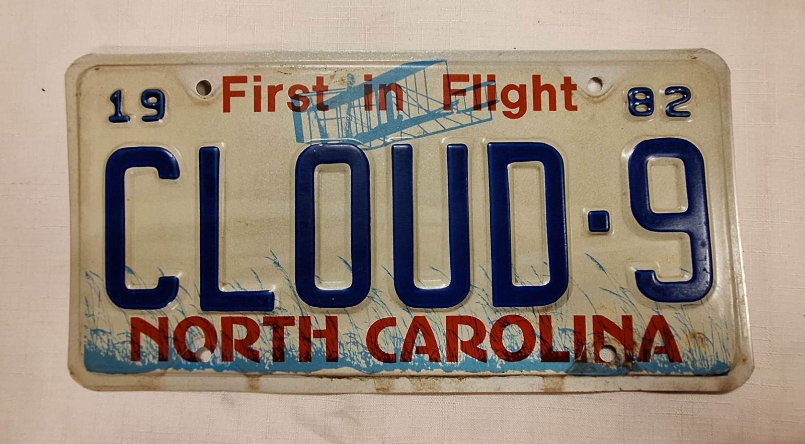 Vtg 1982 North Carolina CLOUD9 Vanity License Plate First in Flight Collectable 