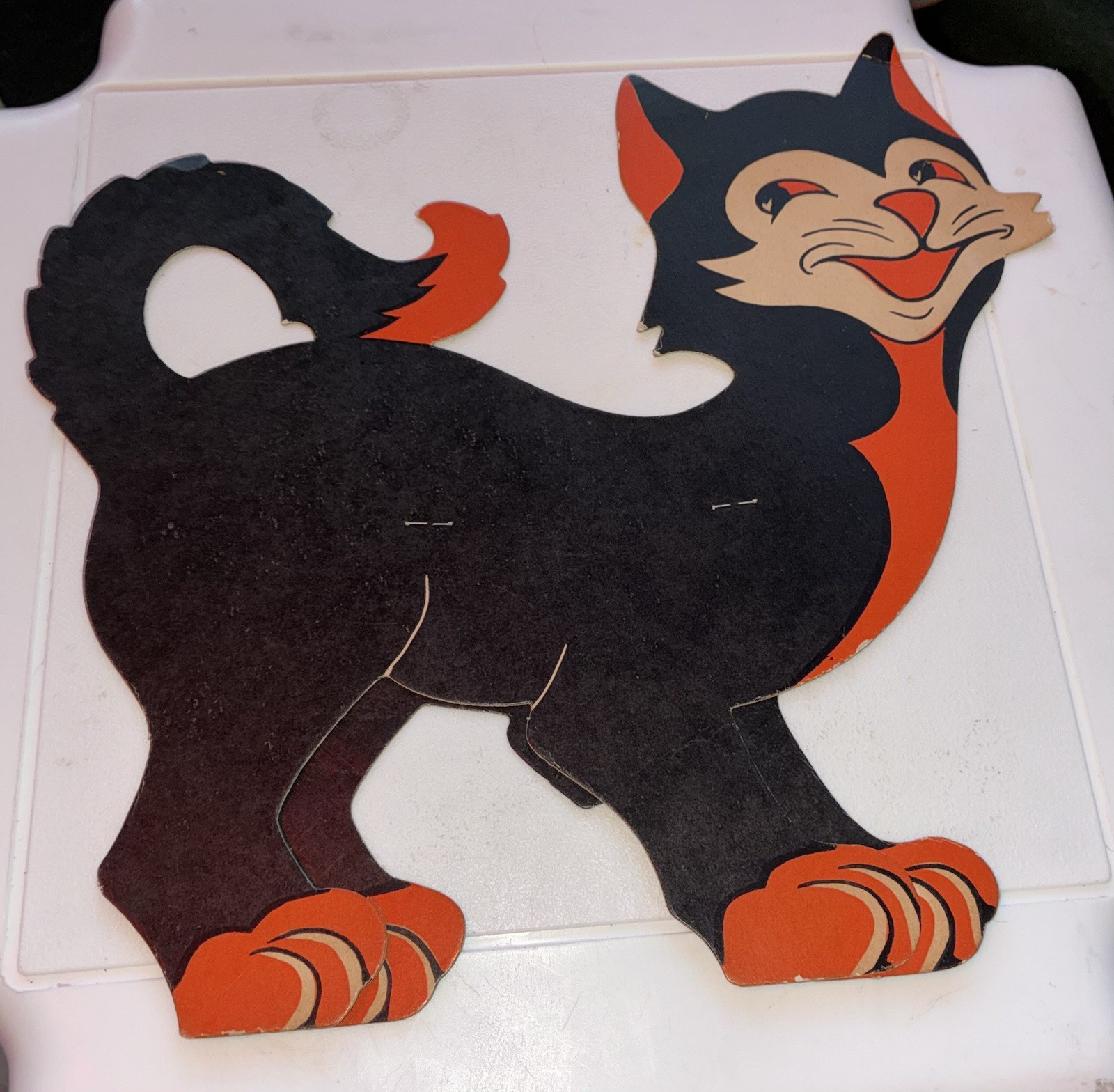 Vtg Antique Smiling Halloween Black Orange Cat Paper Cutout 13\