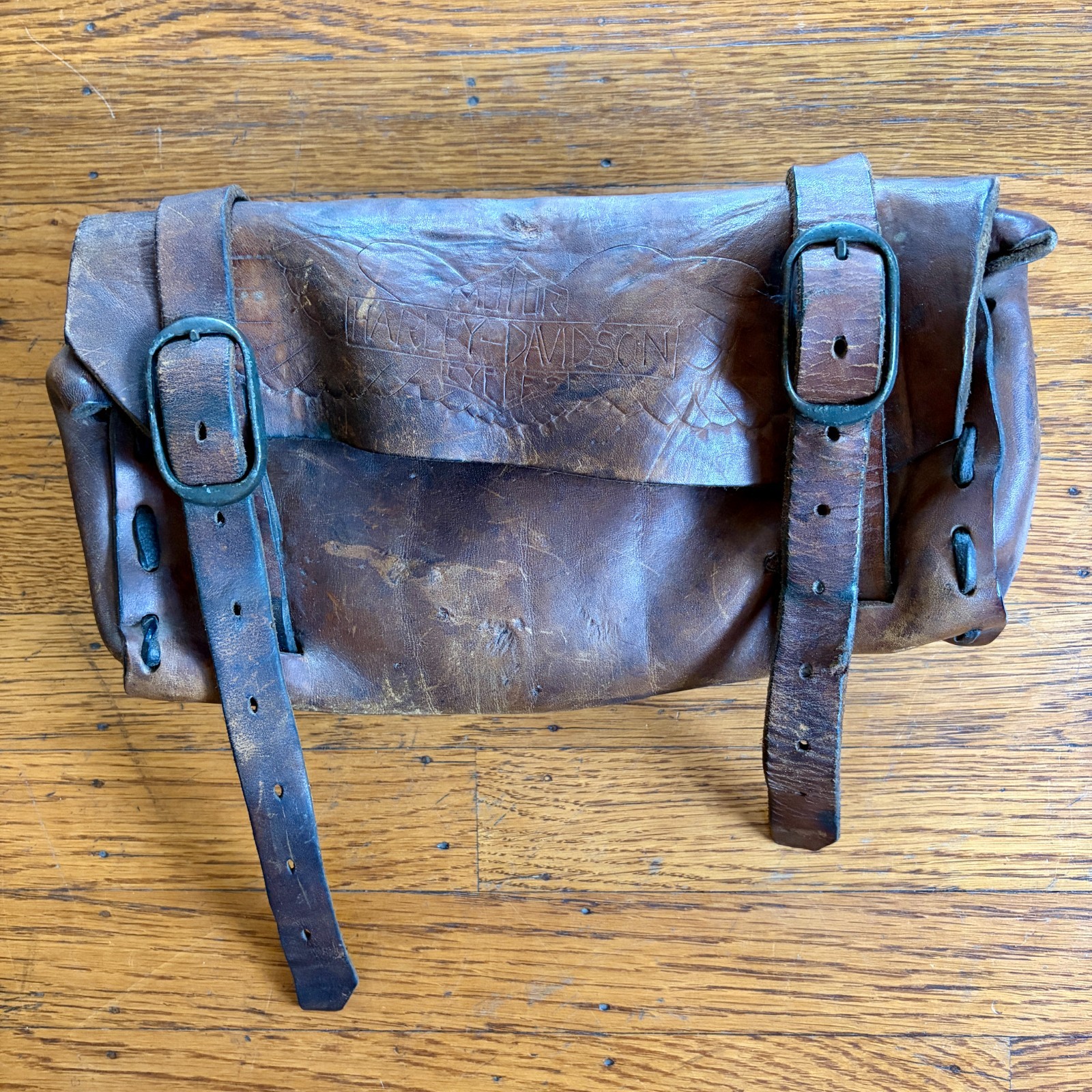 70s HARLEY DAVIDSON Leather Motorcycle Tool Bag Handlebar Fork Chopper Biker Vtg