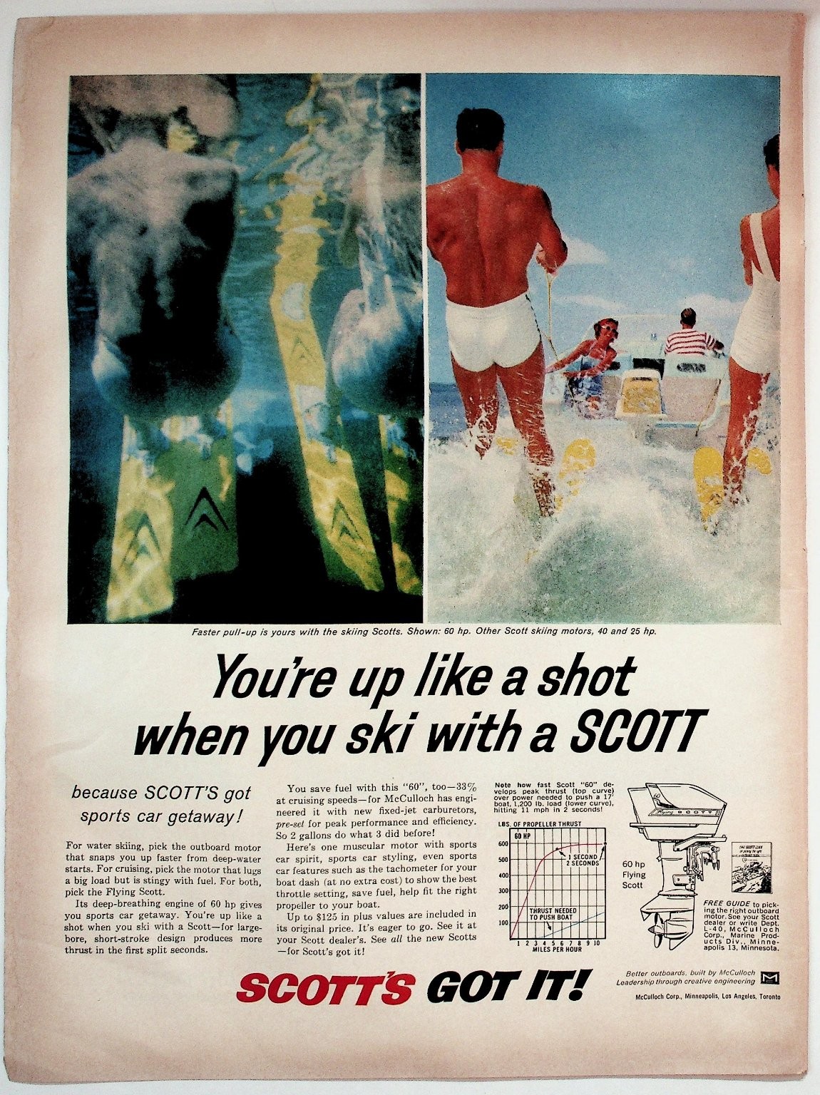 Scott's 1960 Vintage Water Skiing Print Ad Sports Car Getaway Motor