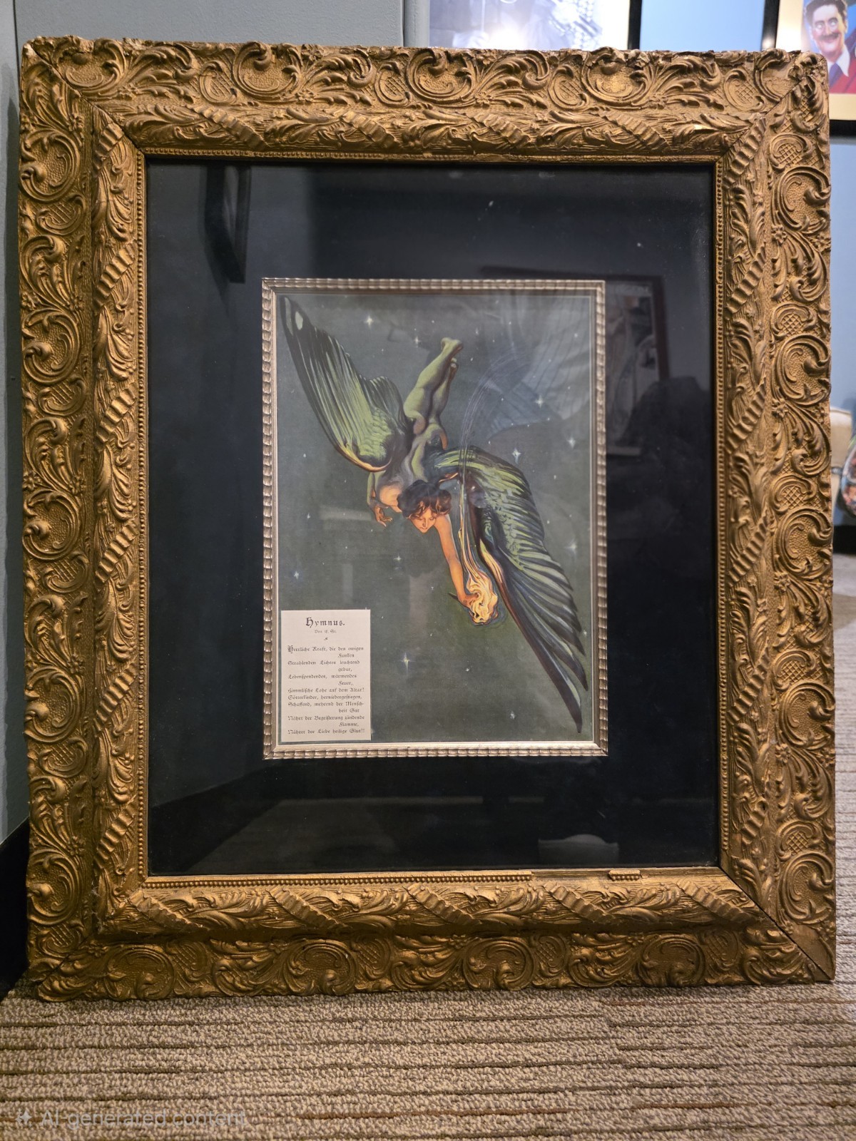 FRAMED GERMAN LITHOGRAPH OF ARCHANGEL WITH TORCH (Late 1800's /Early 1900's)