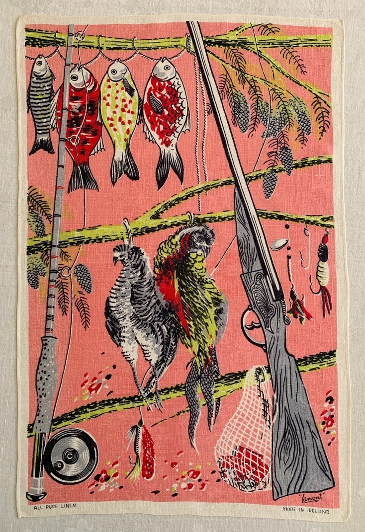 Vintage Tea Towel MCM  Game Hunting Pheasant Fishing Gun Lures Fish Lamont