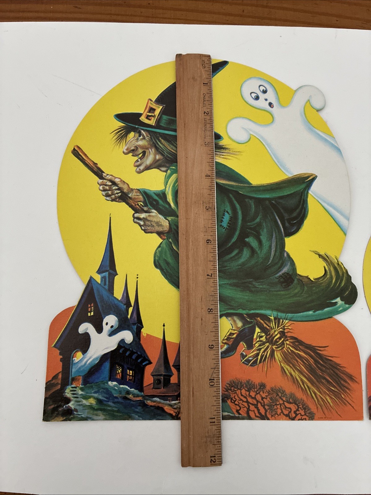 2 VTG Die Cut Halloween Flying Witch Broom Ghosts Castle Decorations 11” & 6.5”