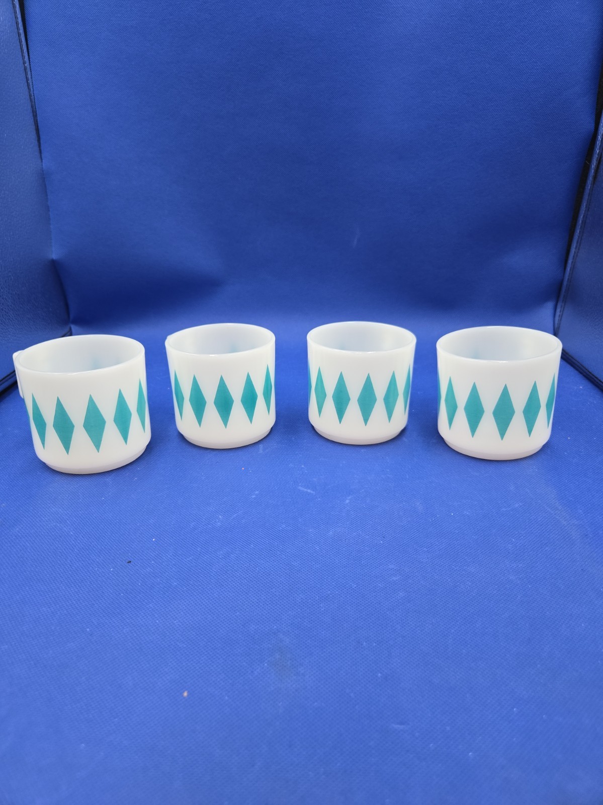 4-Vintage FIRE KING  Harlequin TURQUOISE BLUE Diamonds Pyrex Glass D HANDLE Mugs