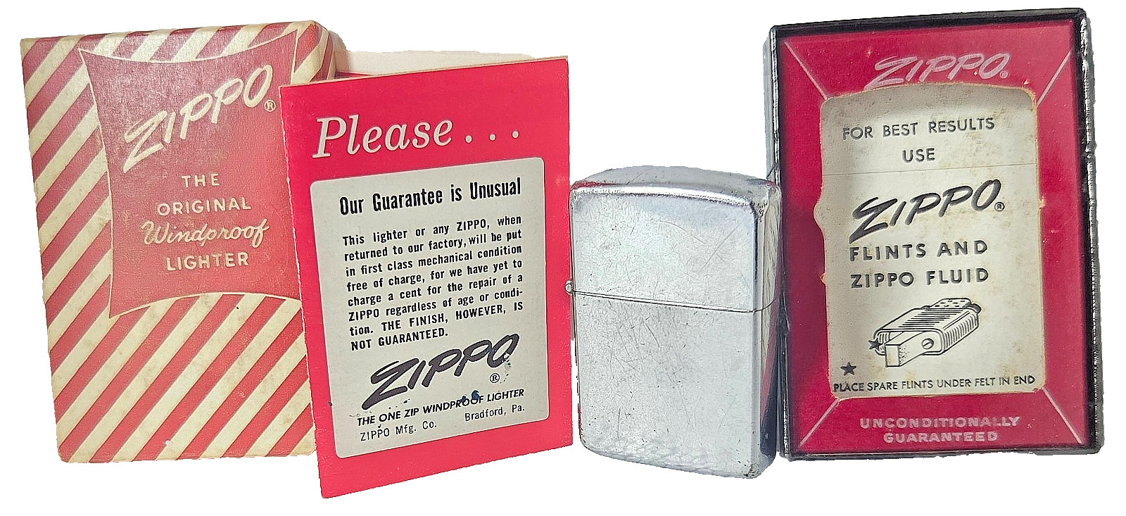 Vintage 1953-1954 Zippo Lighter CIB Pat 2517191 Pat Pend Candy Stripe Box Paper