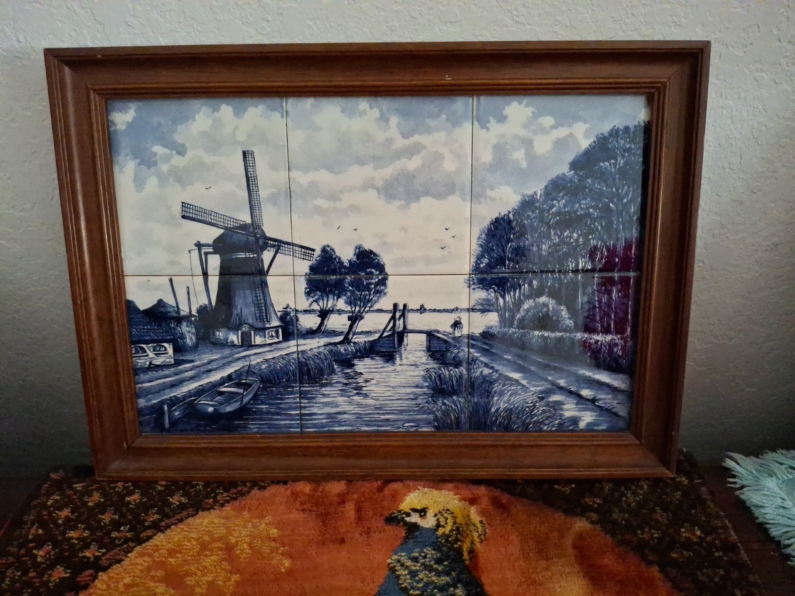 Vintage Delft Blue Wall Painting Of A Dutch Landscape, 6 Ceramic Tiles, Framed