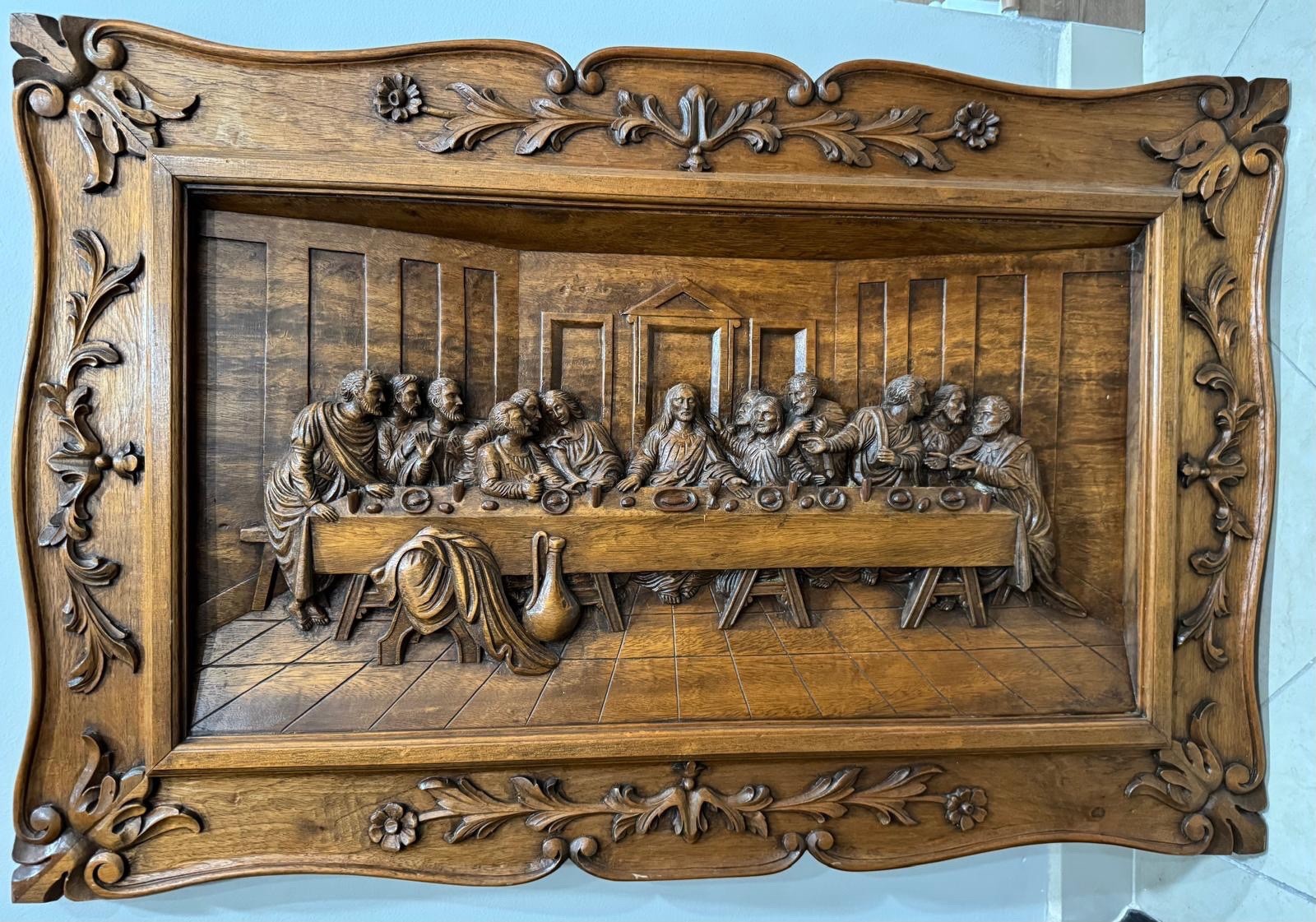 Large Hand-Carved Wooden Last Supper Wall Relief