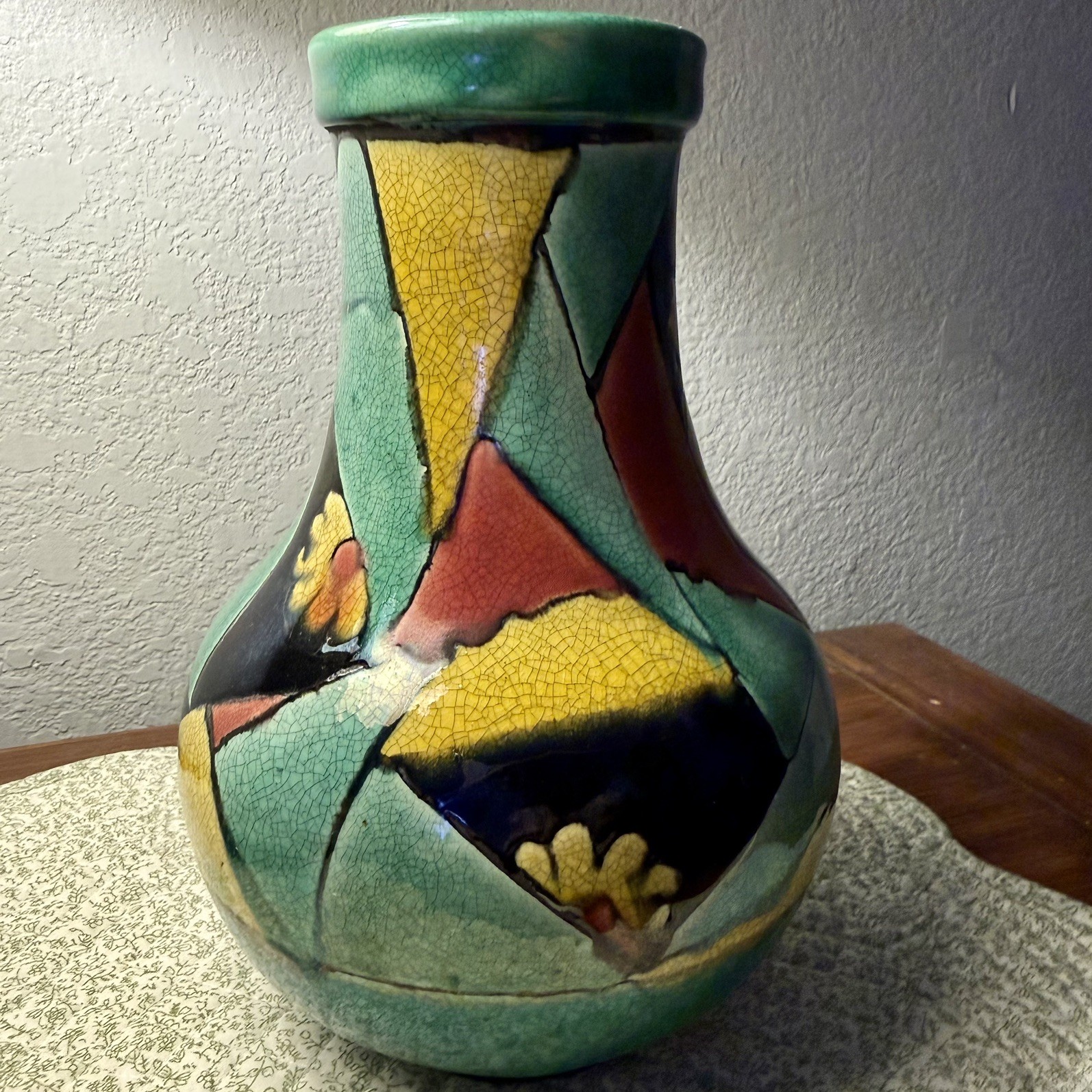 Awaji Studio Pottery Vintage Art Deco Geometric Vase In Red, Yellow and Green