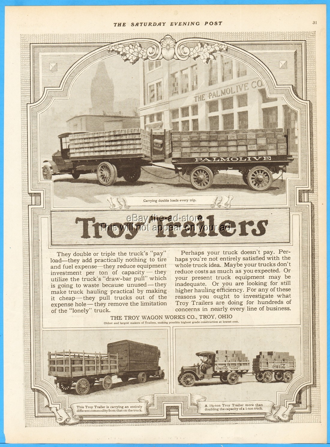 1919 Troy Wagon Works Ohio Vintage Ad Coca Cola Truck Trailer Photo Palmolive