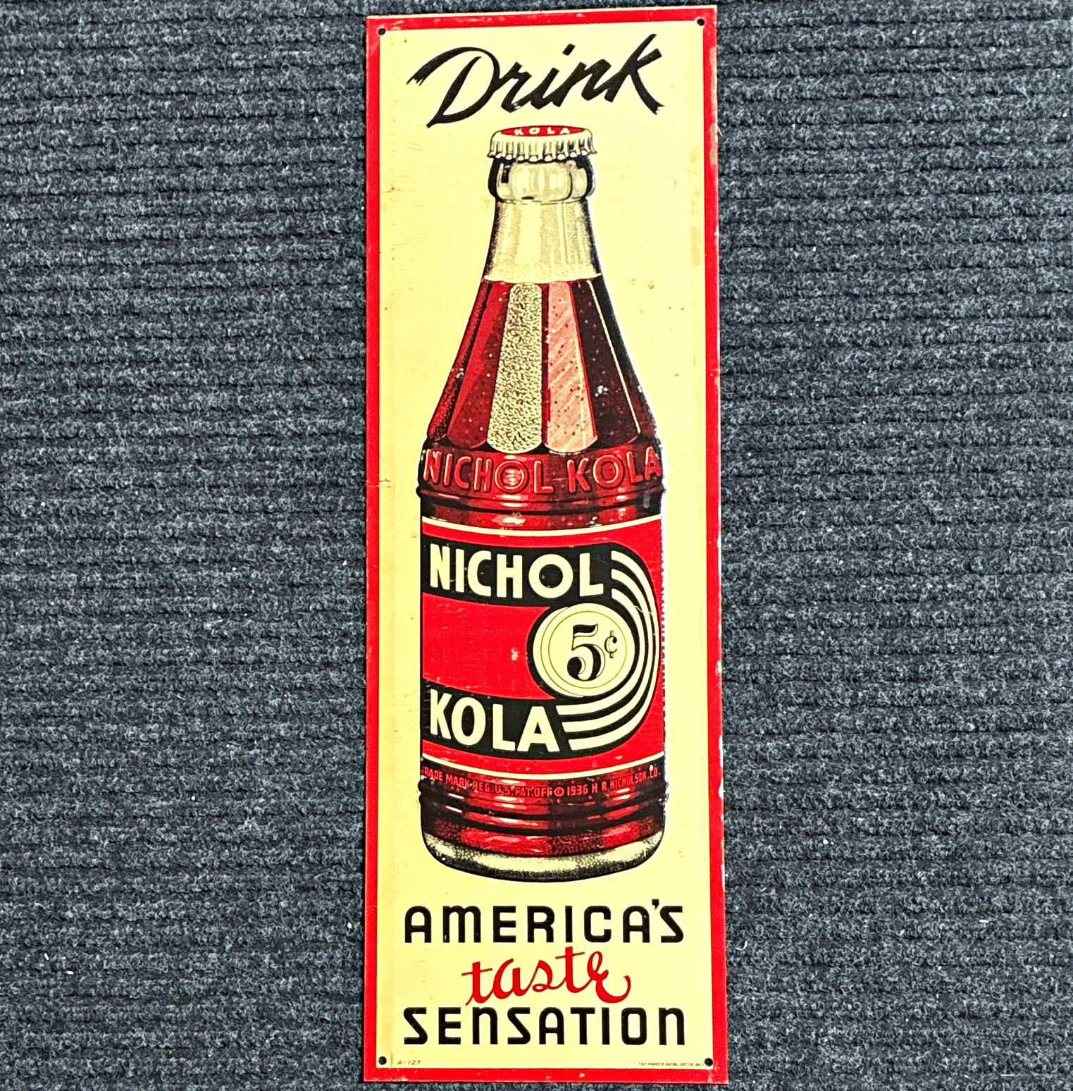 Nichol Kola 1936 Original Metal Soda Sign 5¢ 