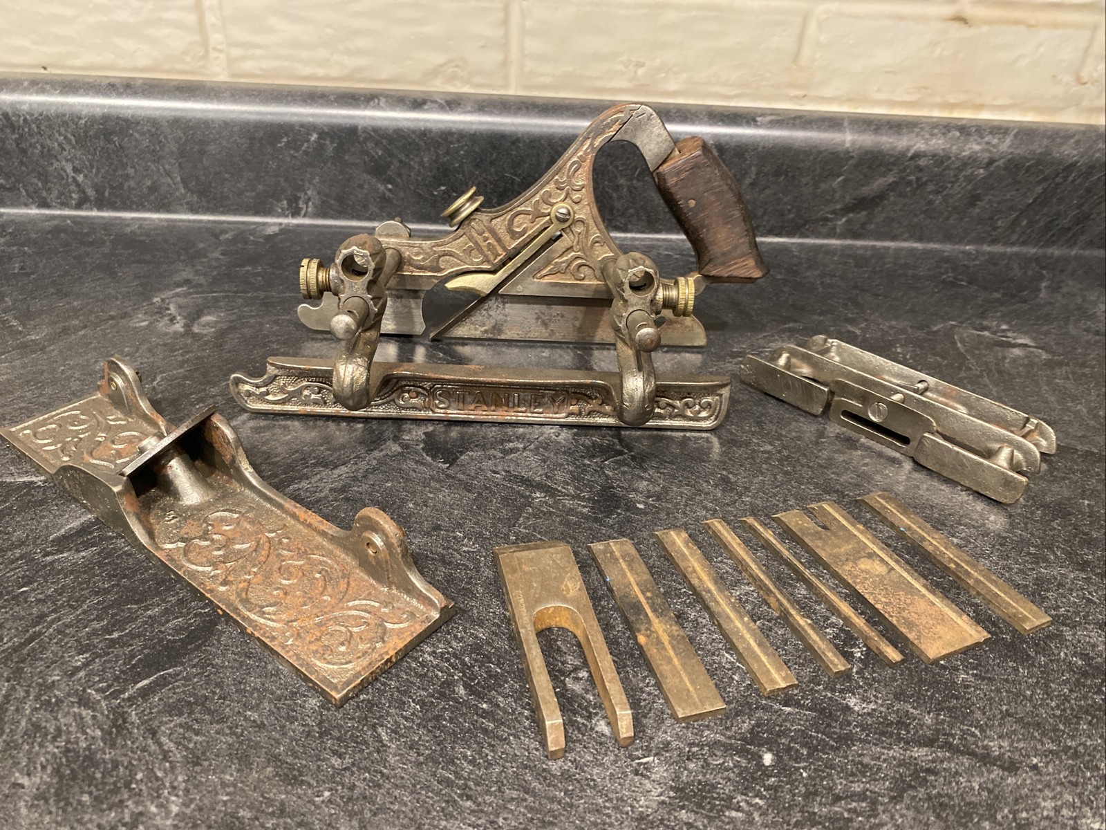WOW Antique Stanley Wood Plane Tool~ Patented May 18, 1886 W/ Accessories~ LOOK
