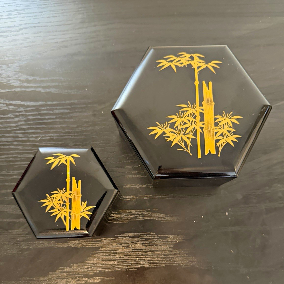 Vintage Japanese Black Lacquer Hexagon Nesting Boxes Bamboo Gold Made in Japan