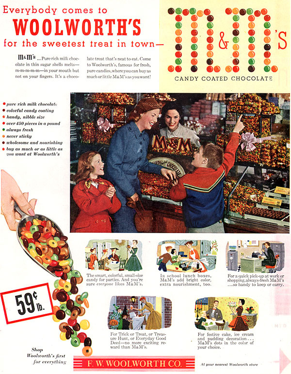 M & M Now At Woolworth's CANDY COUNTER Over 450 Pieces in 1lb 1952 MAGAZINE AD