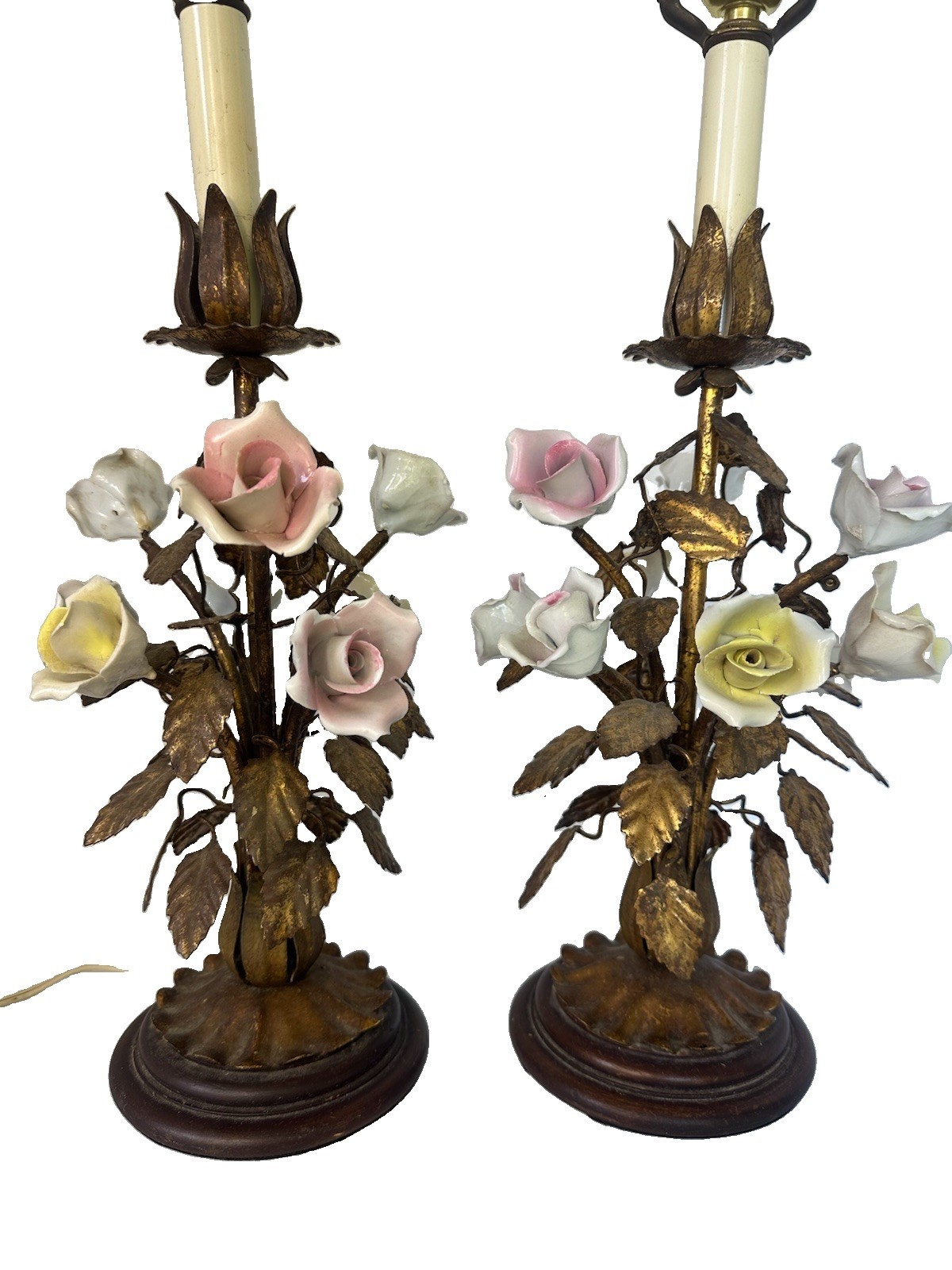 Vintage Italian Gilt Tole Floral Table Lamps Pair Hollywood Regency Porcelain