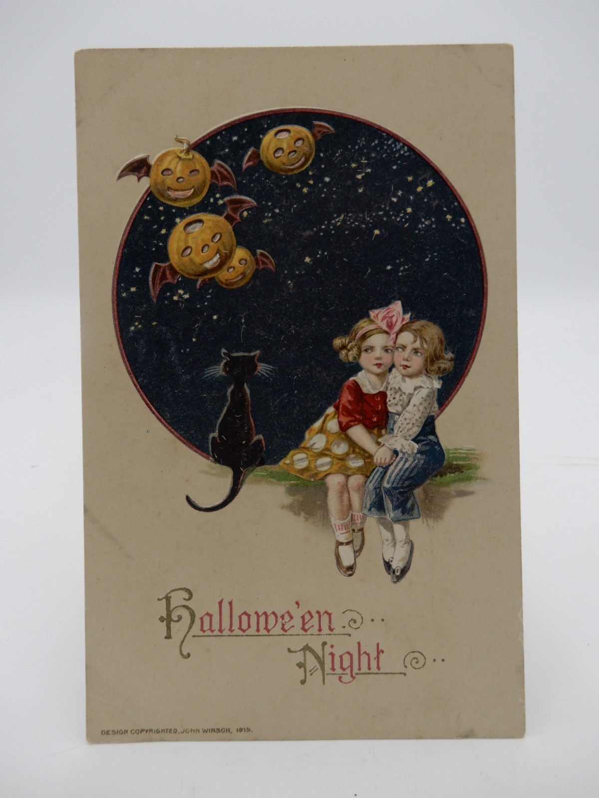 John Winsch Sam Schmucker Halloween Night Postcard Cat, Flying JOL's Boy Girl