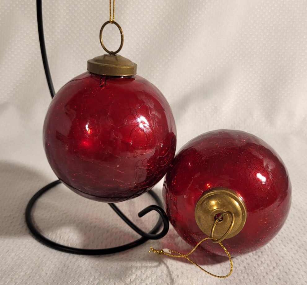 Antique German Kugel Christmas Ornaments Ruby Red Heavy Glass 3” Pair