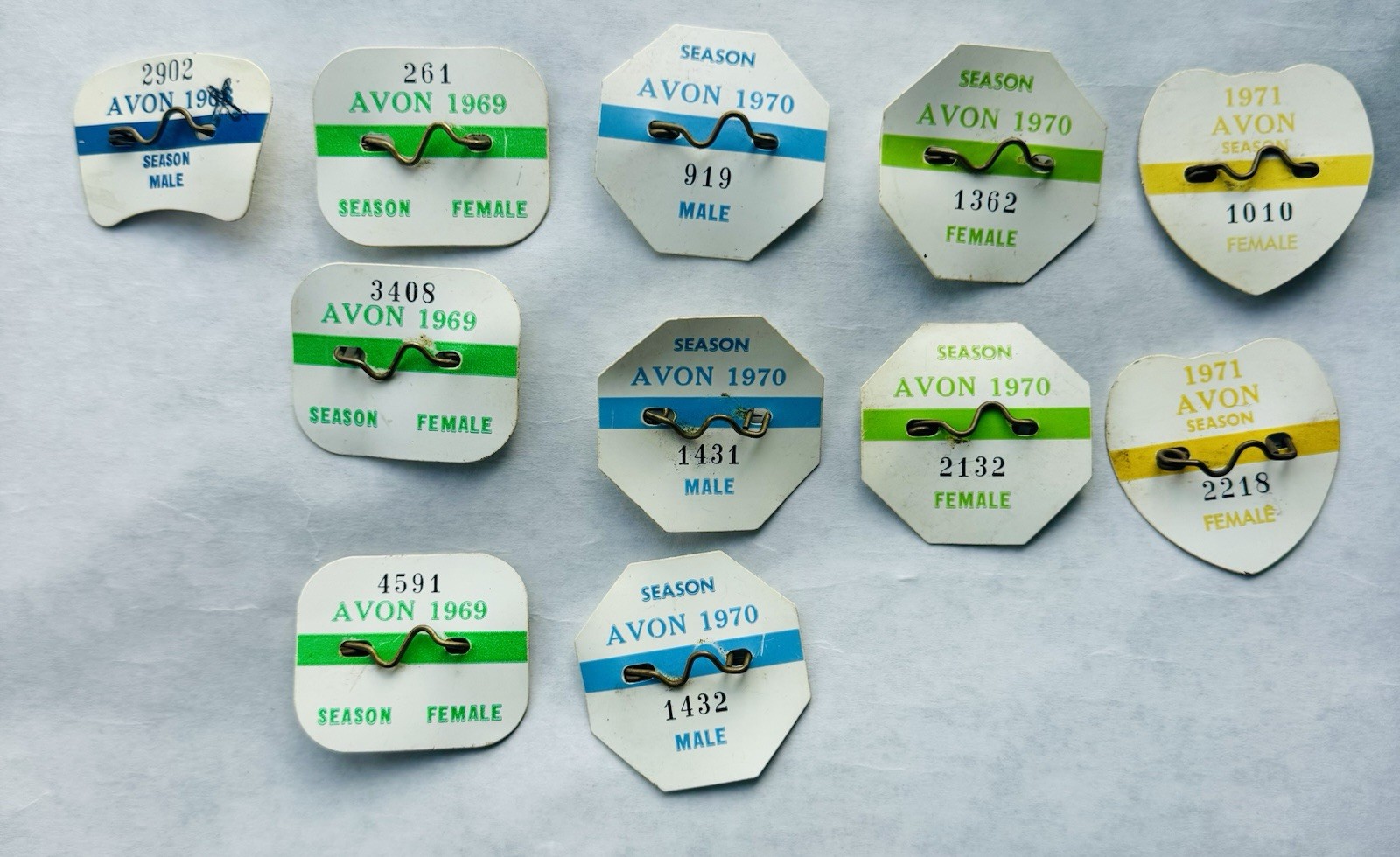 Vintage 1968- 1971 Avon, New Jersey Seasonal Beach Tags / Pins - 11 total. 
