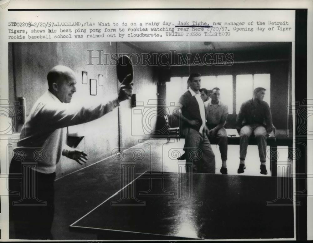 1957 Press Photo New Detroit Tigers manager Jack Tighe plays ping pong