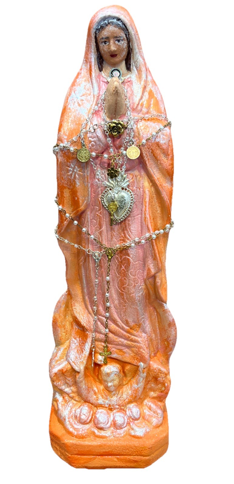 Our Lady of Guadalupe  16”Statue,  W/Rosaries Charms . Pink Orange Shabby Chic