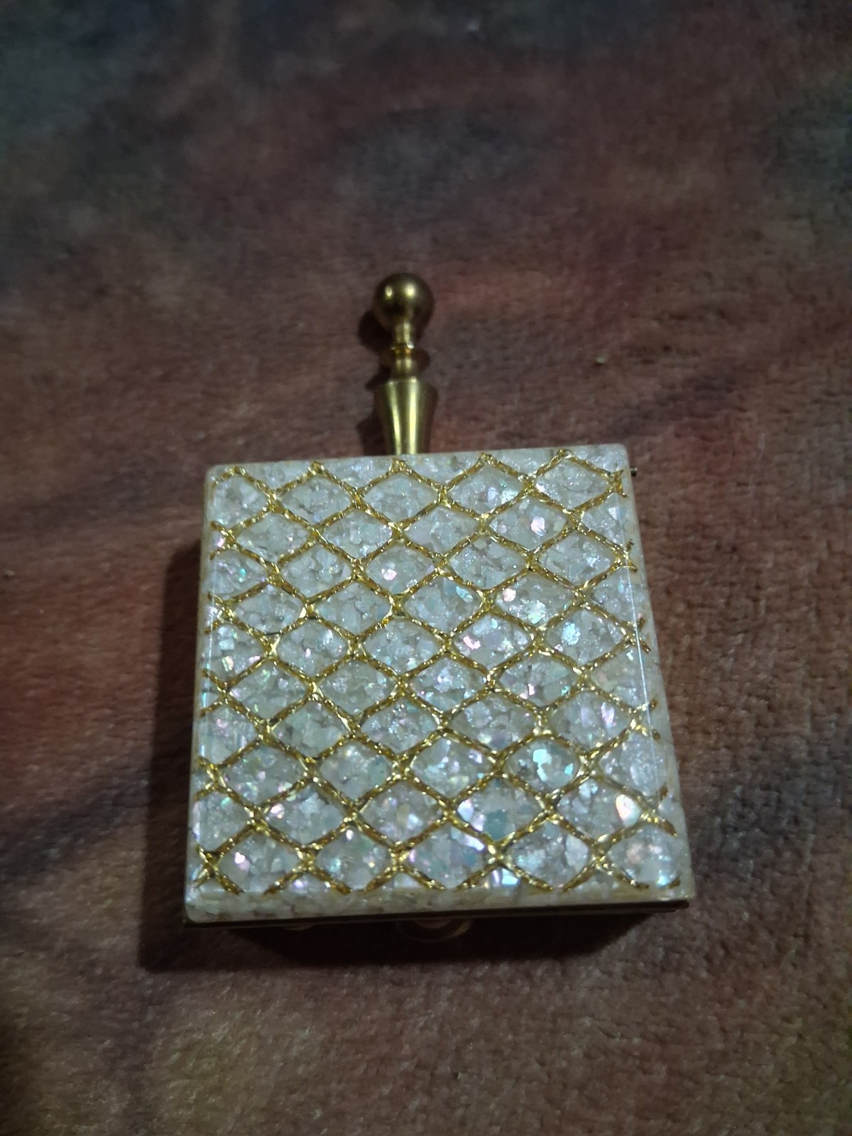 vintage mother of pearl pill box or trinket box. goldtone 1940s