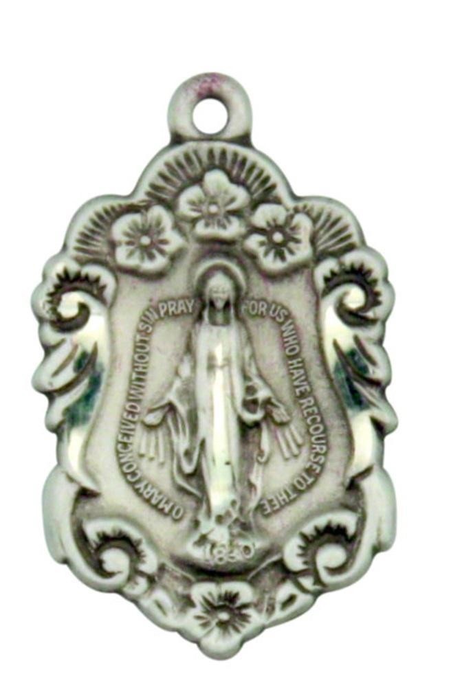 Blessed Our Lady 13/16 Inch Sterling Silver Miraculous Medal with Roses Border