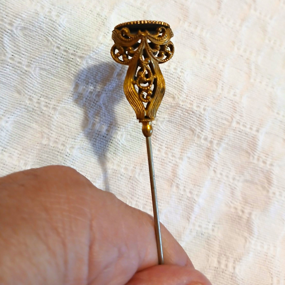 Vintage Filigree Hatpin Stick Pin w/ Monogram Engraved Round metal gold plate