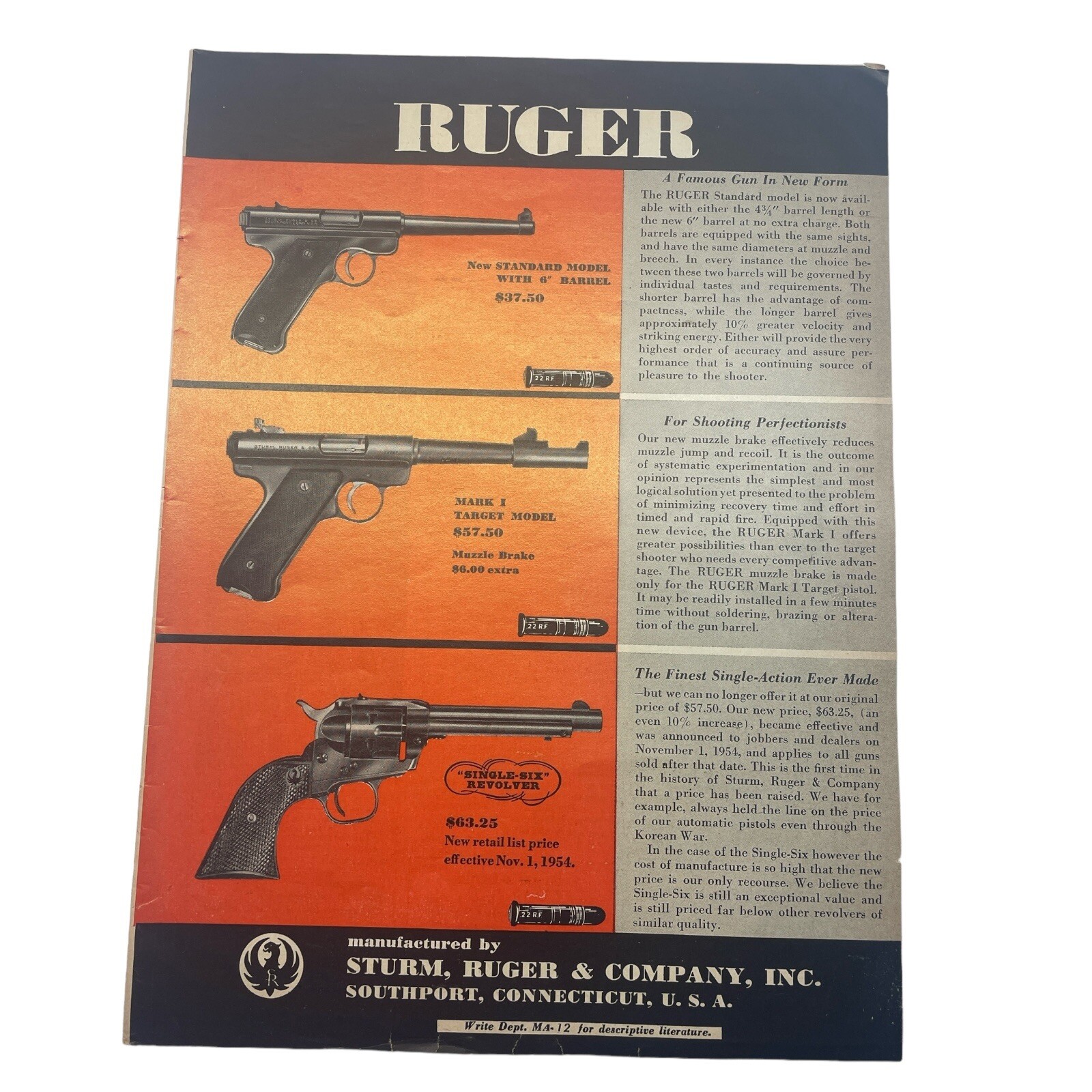 1954 Ruger Vtg Print Ad 8.5x11.5 ~ Firearms Guns