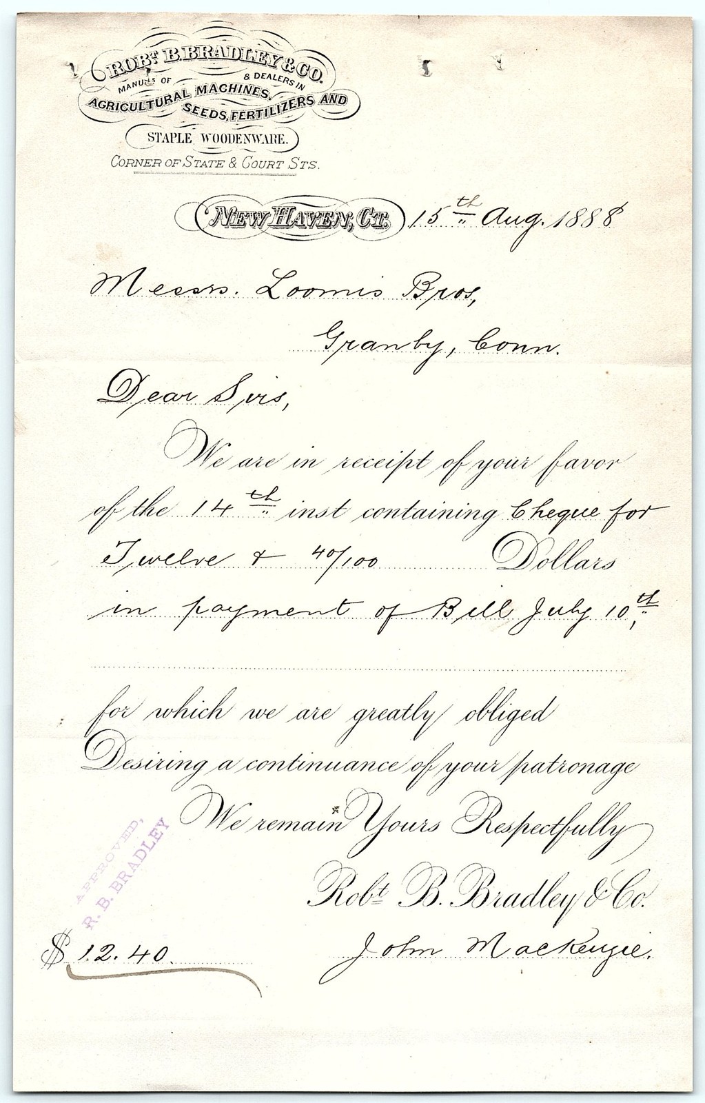 1888 New Haven CT Rob't B. Bradley Ag. Supplies Letter