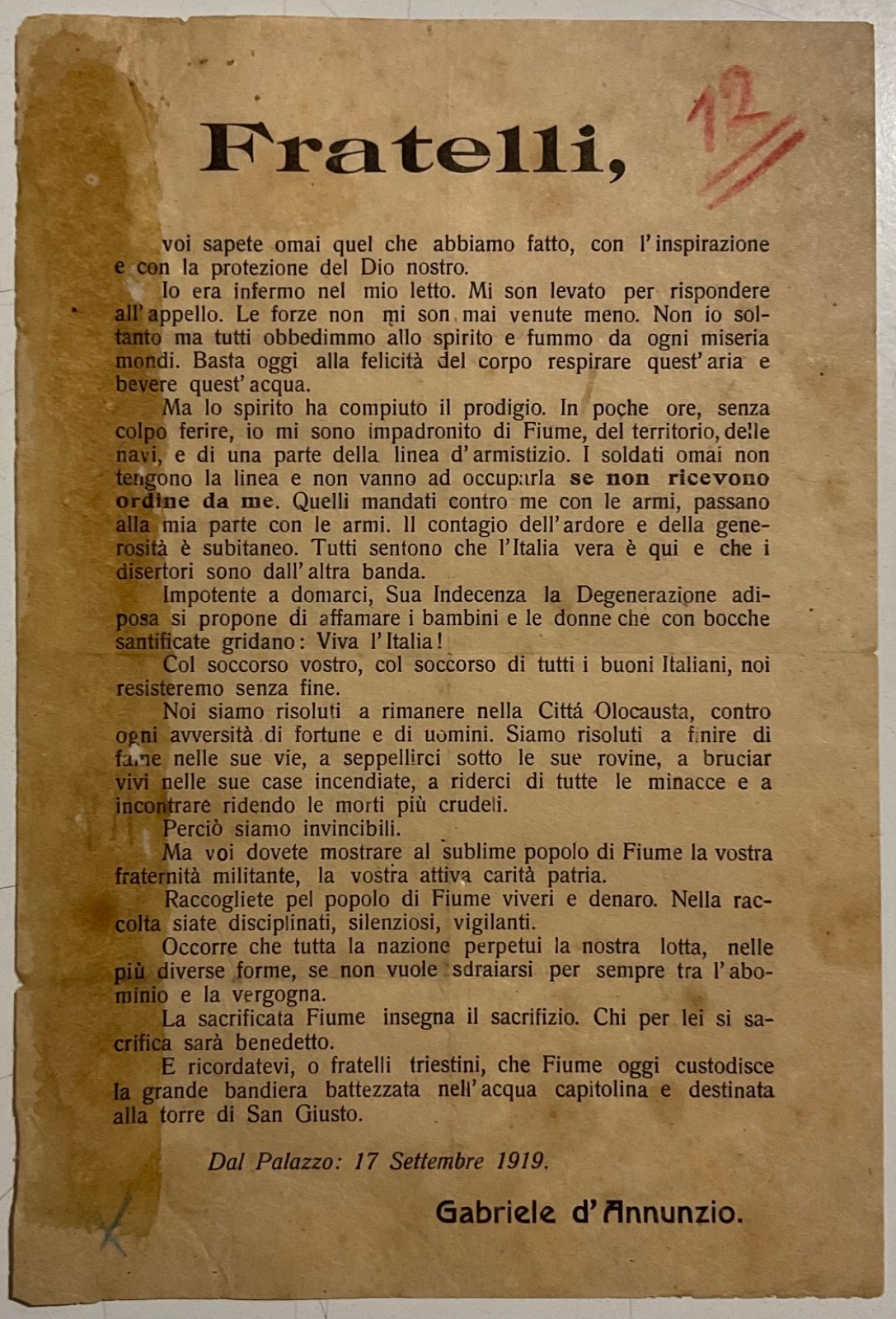 RIVER OF ITALY G.D’ANNUNZIO FRATELLI, YOU KNOW FLYER SEPTEMBER 1919