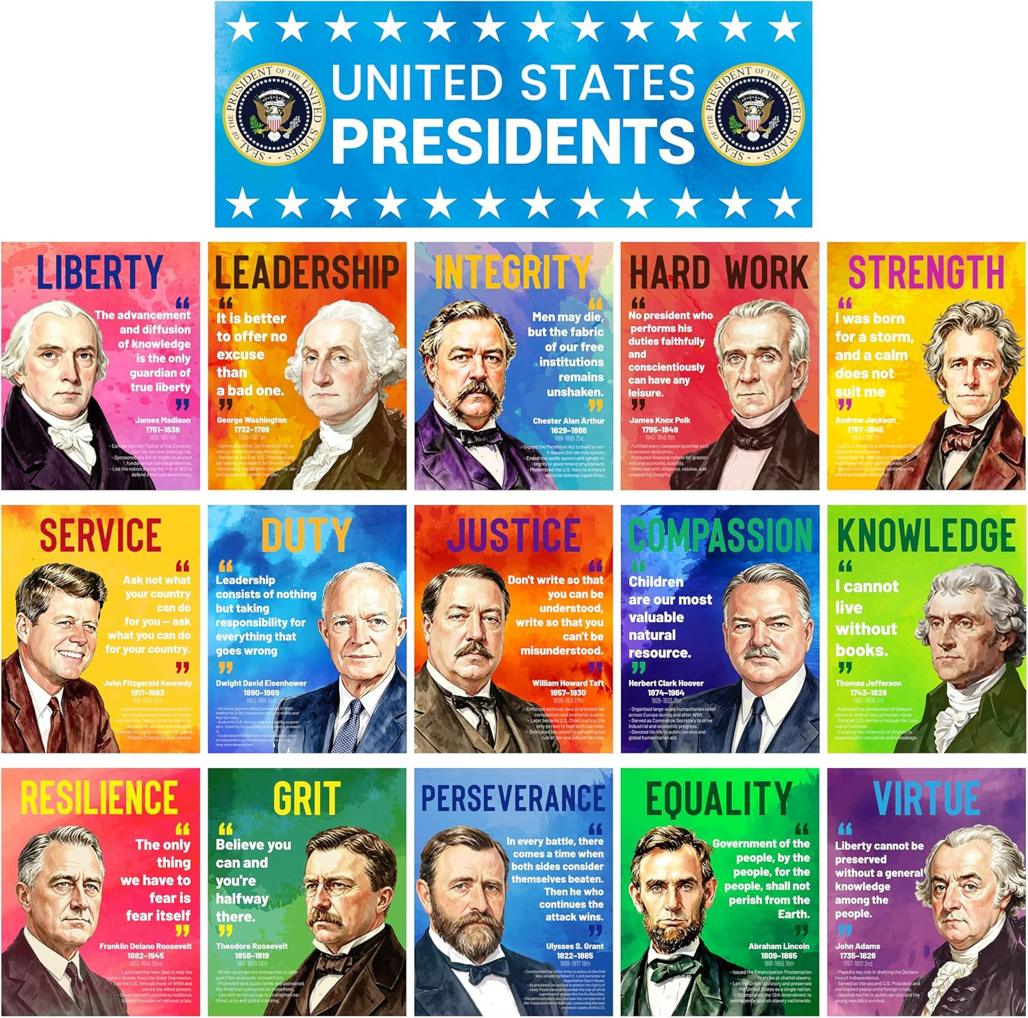 16 PCS USA Presidents Poster for History Classroom Study, Famous Presidents 16 PCS USA Presidents Poster for History Classroom Study, Famous Presidents