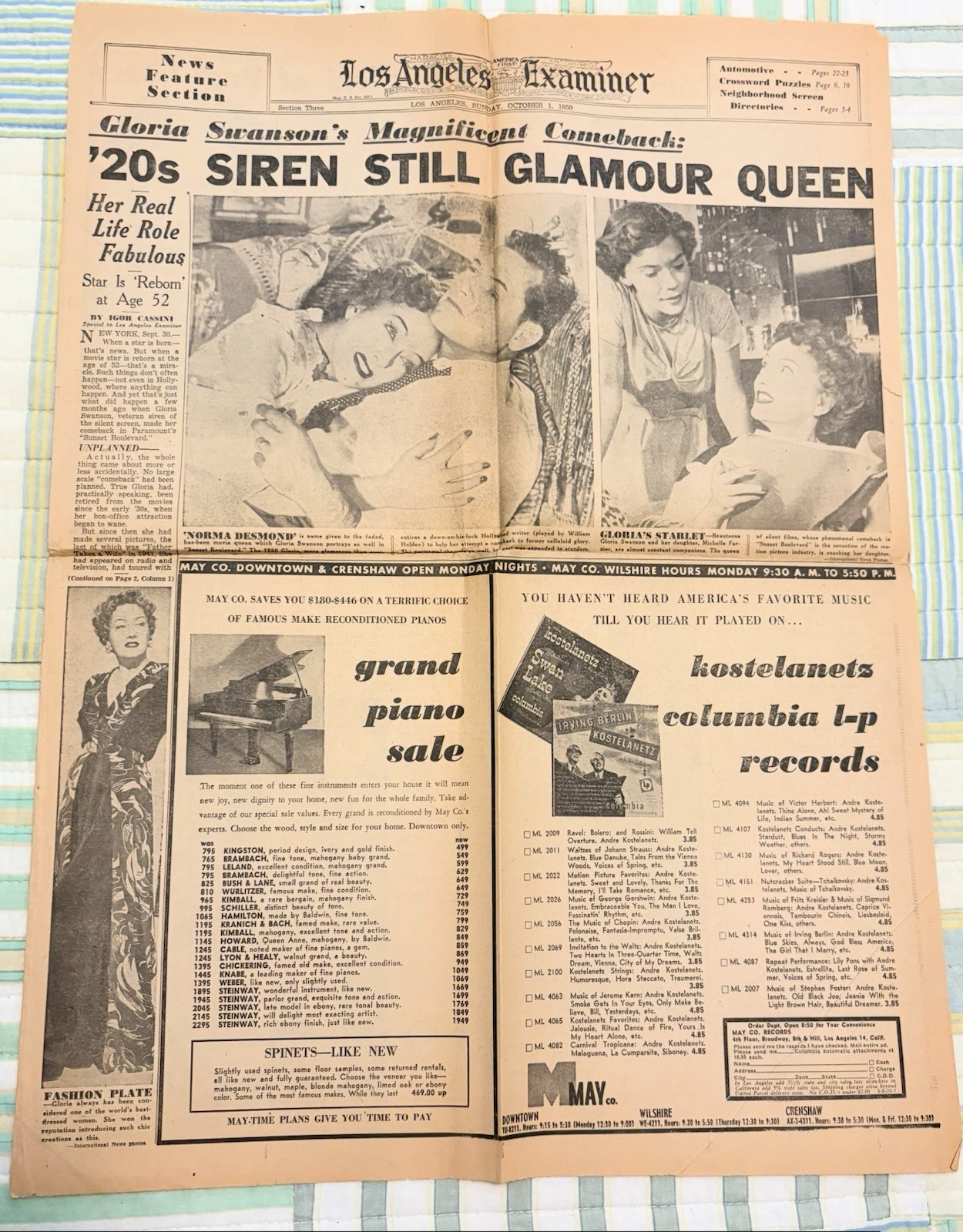 Original1950 Los Angeles Examiner Gloria Swansom Sunset Blvd Comeback Newspaper