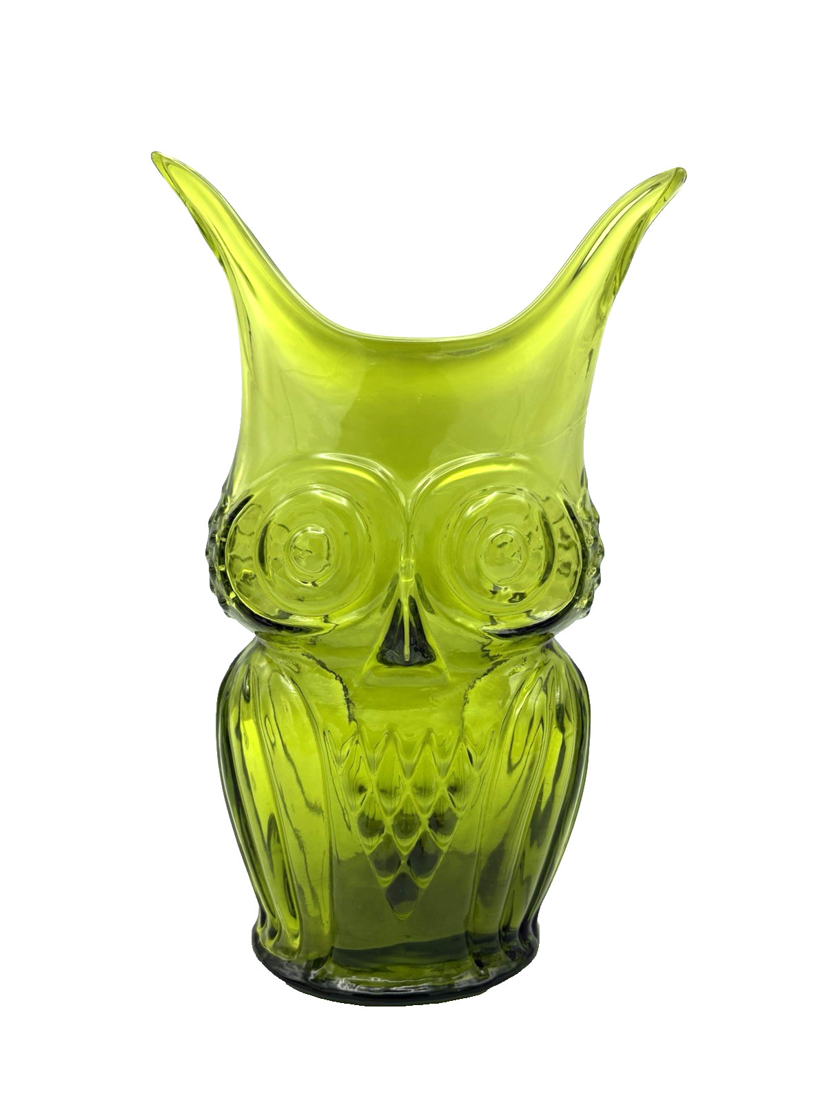 Vintage MCM Viking Rainbow Glass Owl Vase Green Avocado 9\