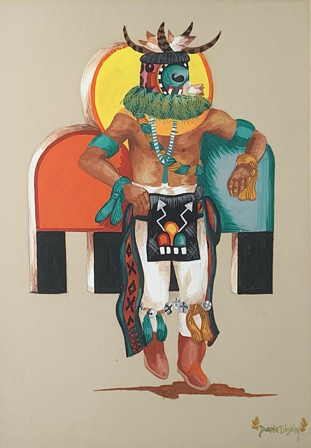 NATIVE AMERICAN ZUNI KACHINA DANCER PAINTING DUANE DISHTA SIGNED