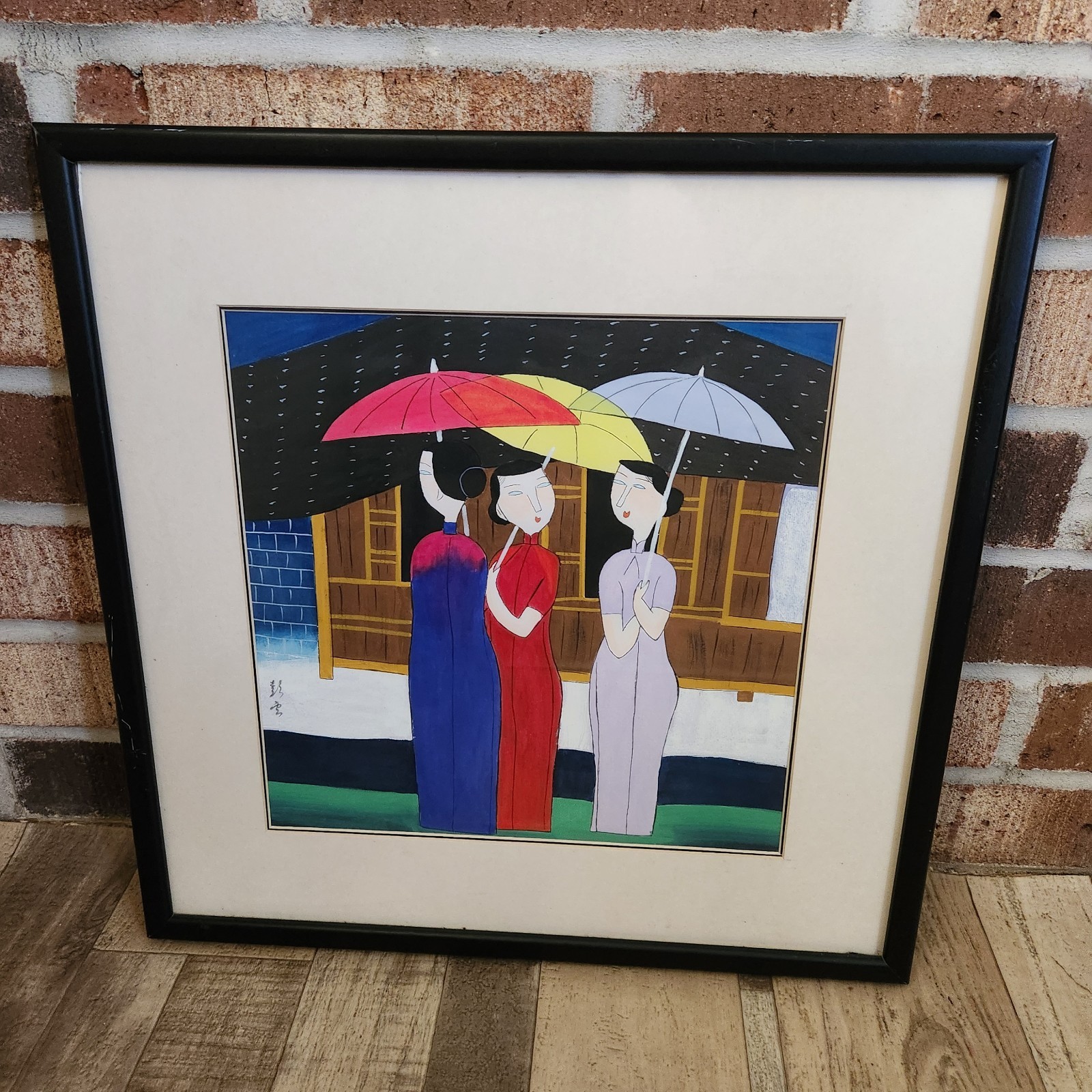 HU YONGKAI Style Watercolor Gouache Art Piece Modernist 3 Women With Umbrellas 