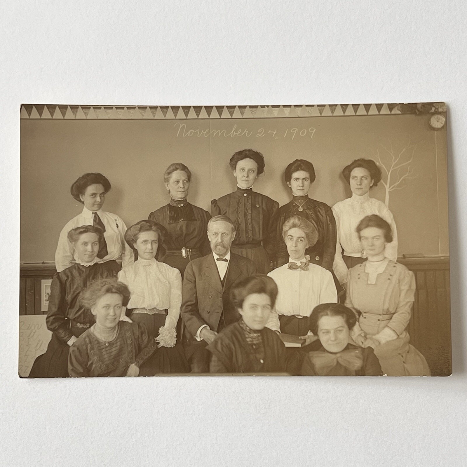 Antique RPPC Real Photograph Postcard Group School Teacher 1909 Women Men