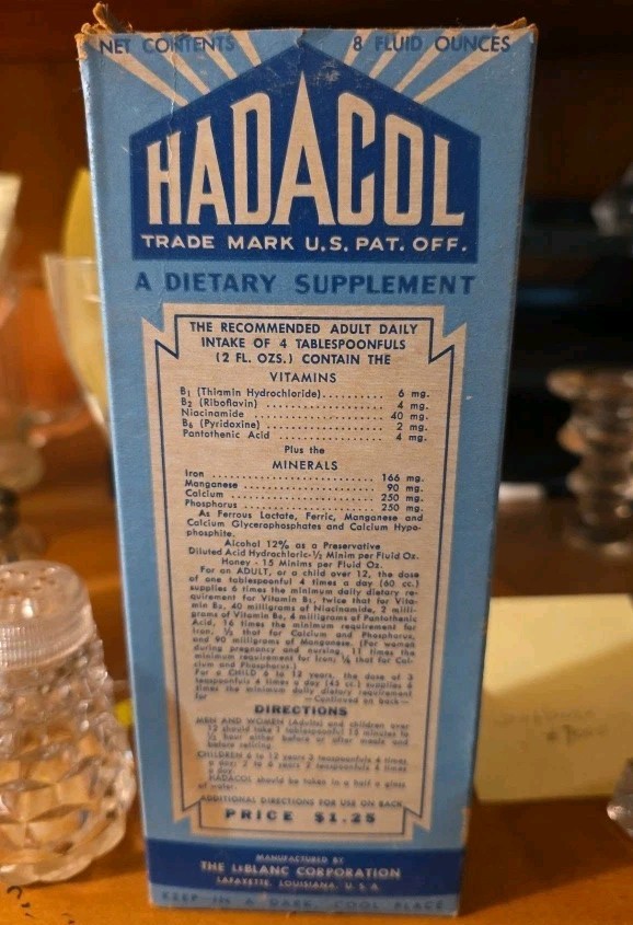 Vtg 1940s HADACOL Full Bottle Box Insert Complete Lafayette LA Quack Medicine