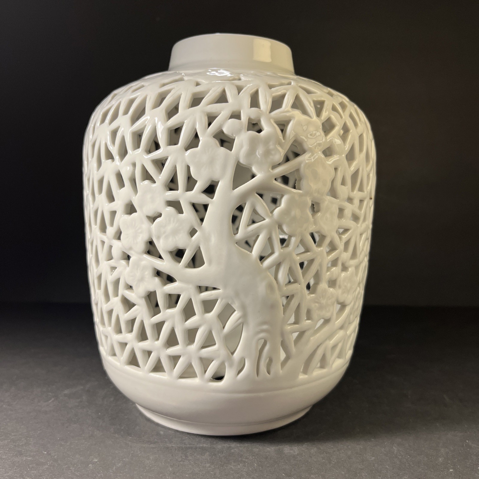 Vintage Blanc De Chine Reticulated Ginger Jar Candle Lantern Cherry Blossoms