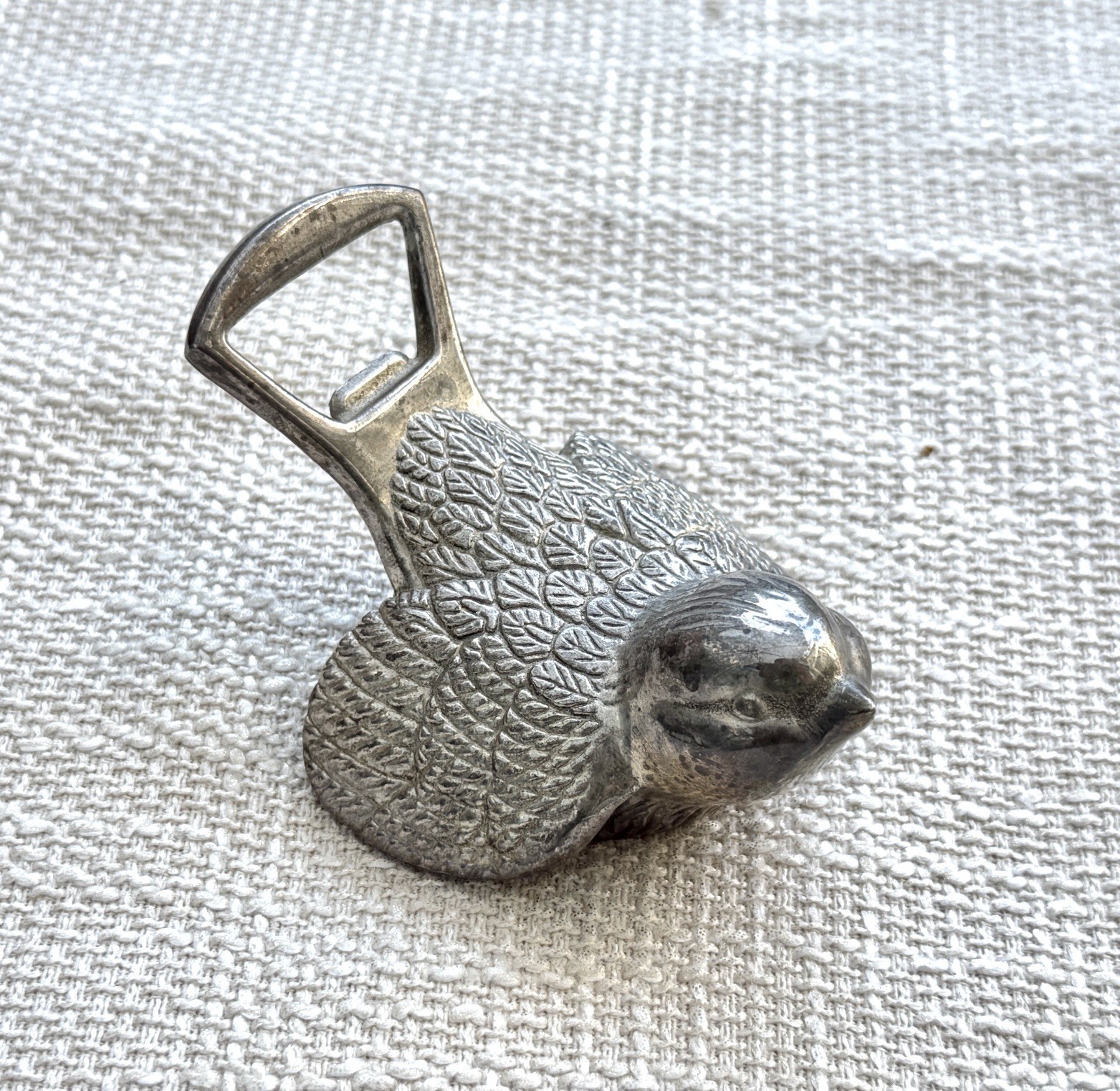 Vintage Silver Tone Figural Bird Bottle Opener Heavy Cast Metal Barware 4.25”