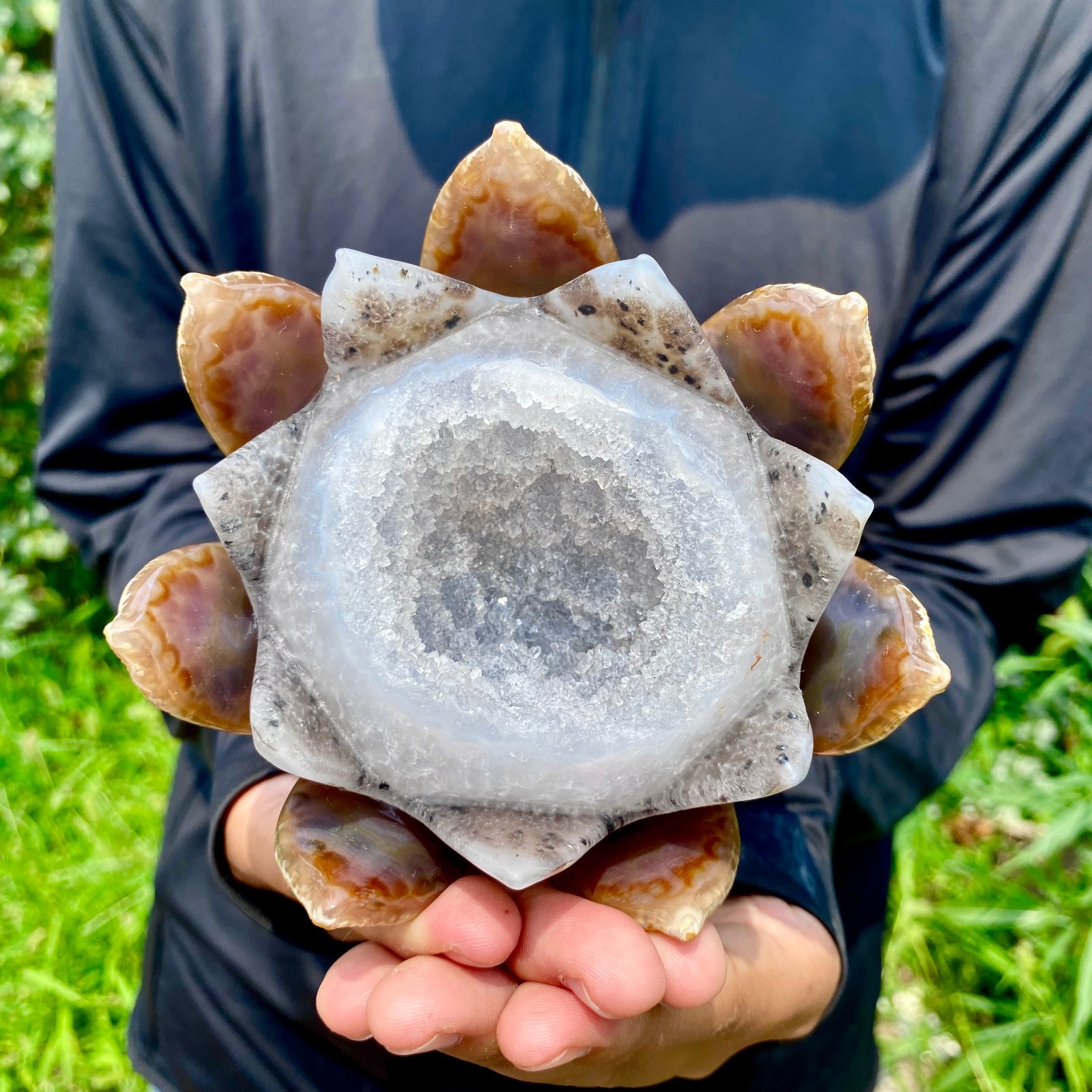 1.5LB   Drunken agate lotus hand carved meditation crystal display decoration