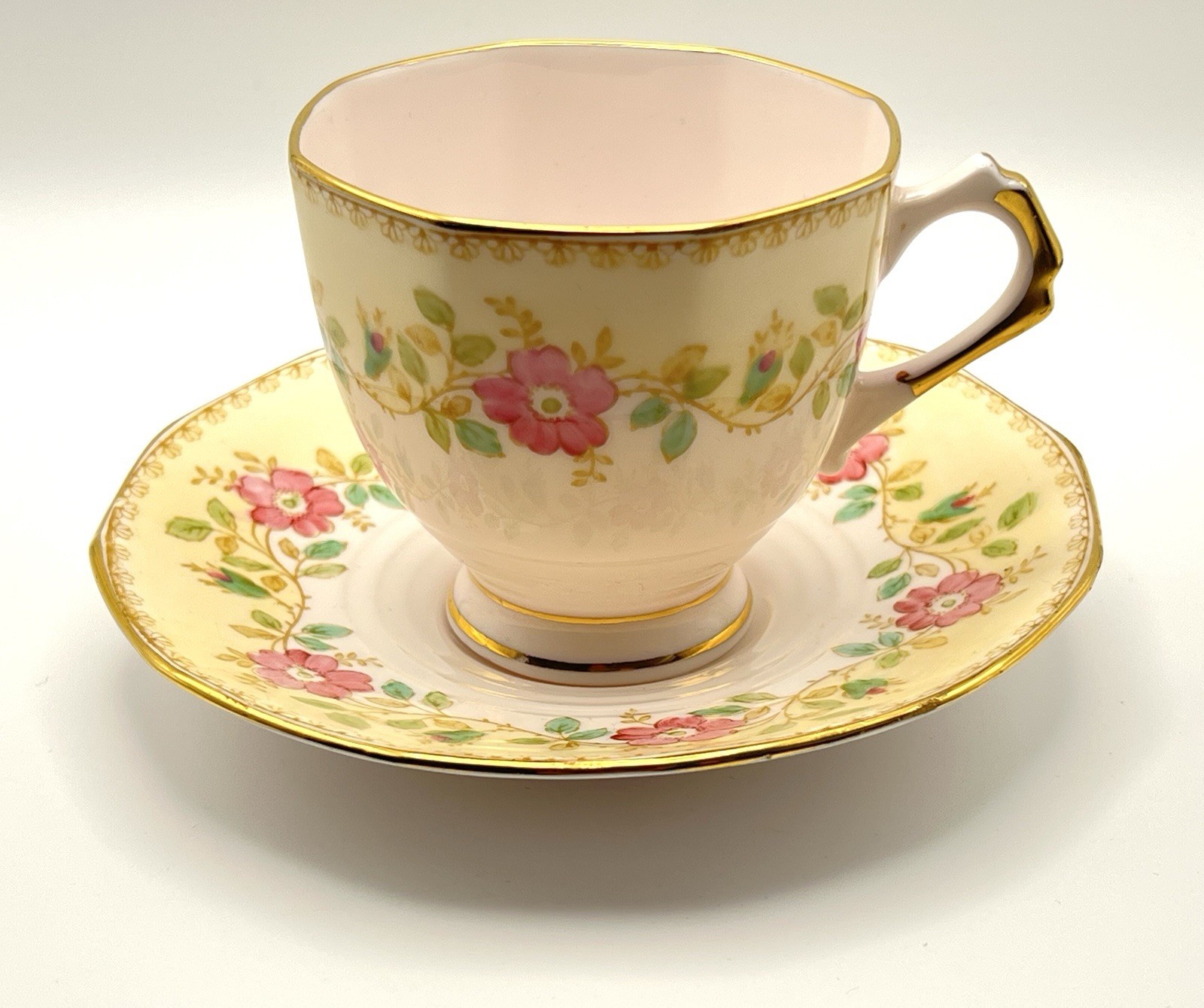 Plant Tuscan China Yellow and Pink Floral Tea Cup & Saucer Made in England