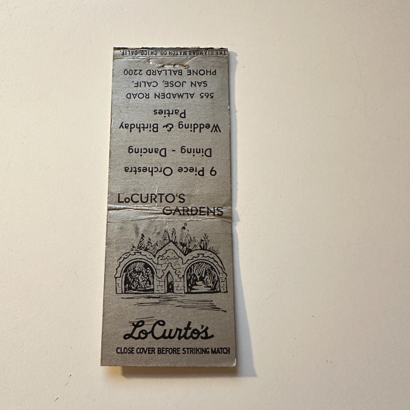 Lo Curto's Gardens 565 Almaden Rd San Jose CA Vintage Matchbook Cover 4MB118-3