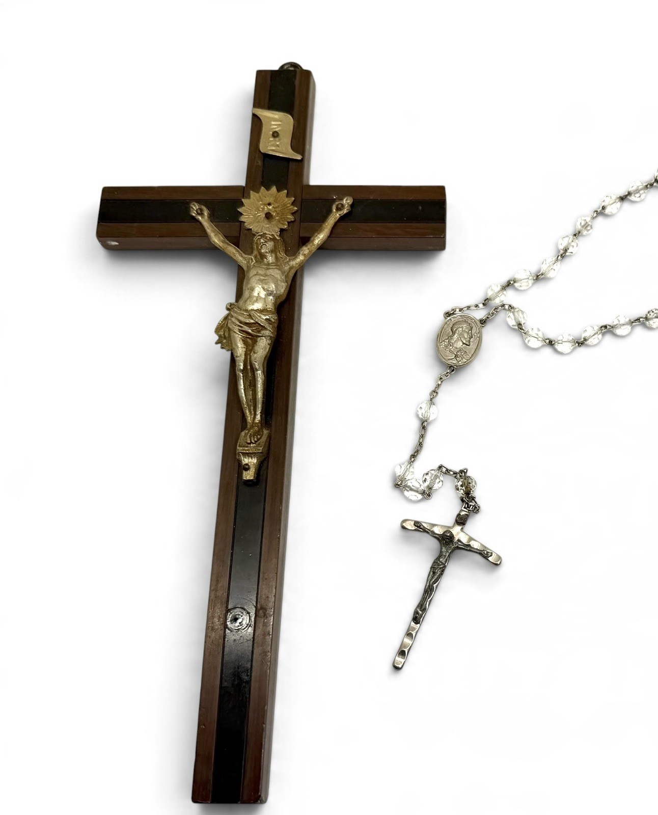 Antique German Crucifix Brass Wood Ebony Inlay Marked & Crystal Rosary 1920’s 